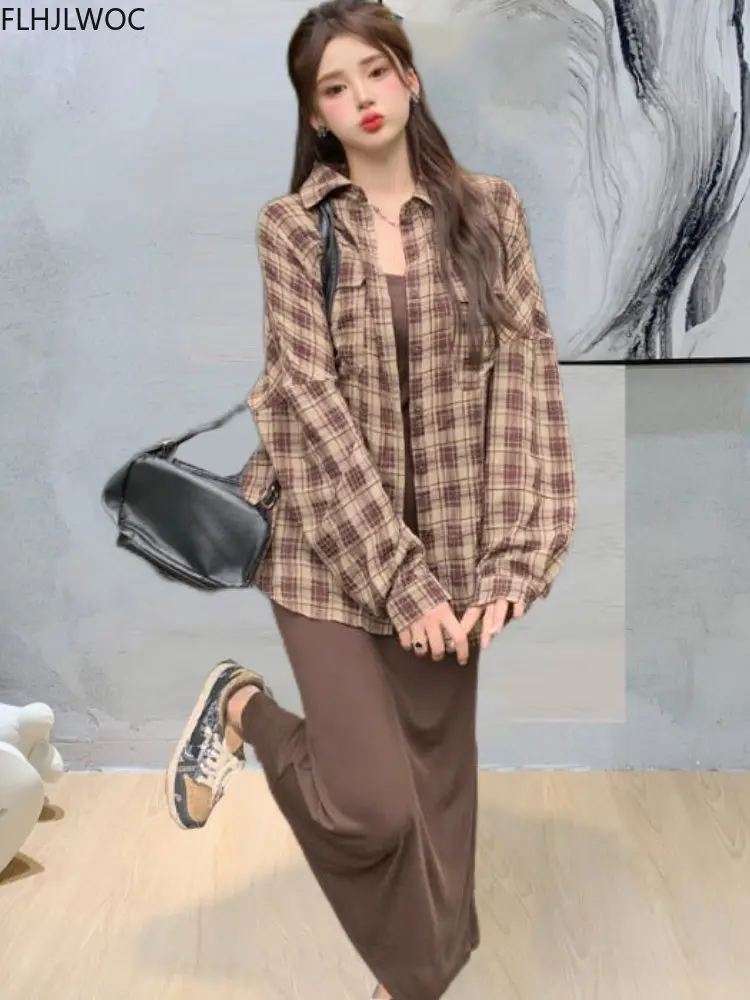 Cute Sweet Loose Laze Boyfriend Shirts Retro Vintage Outerwear Plaid Shirt 2022 Women Autumn Spring Chic Japan Style Clothes