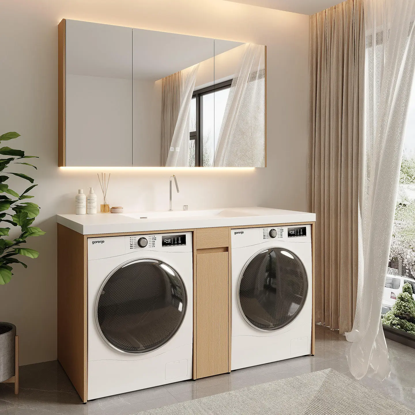 

Integrated basin, bathroom cabinet, washing machine cabinet, log wind floor-to-ceiling wash basin