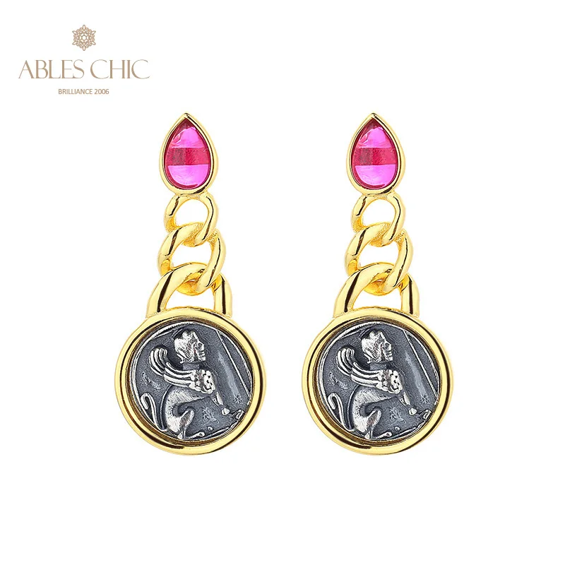 

Sphinx Greek Coins 18K Gold Tone Solid 925 Silver Roman Coin Simulated Ruby Drop Earrings E1031