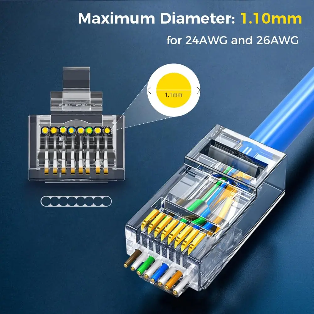 ZoeRax 모듈러 플러그, 솔리드 또는 연선 FTP/UTP 케이블용, RJ45 Cat6 패스 스루 커넥터, 100 팩