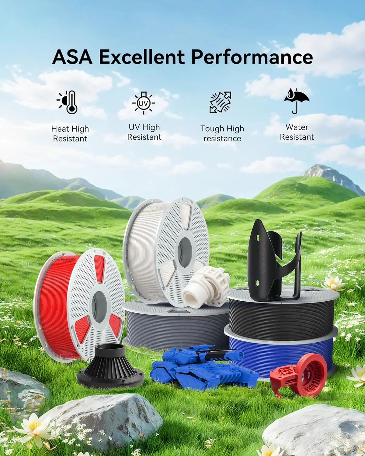 SUNLU 10KG ASA 1.75mm 3D Printer Filament,1KG/Spool,100% Bubble-Free,High Weather&Heat Resistance (90°C), for Outdoor Use.