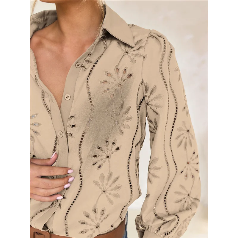 

ASDS-Womens Long Puff Sleeve Blouse V Neck Buttons Hollow Out Lace Embroidered Blouses Shirts