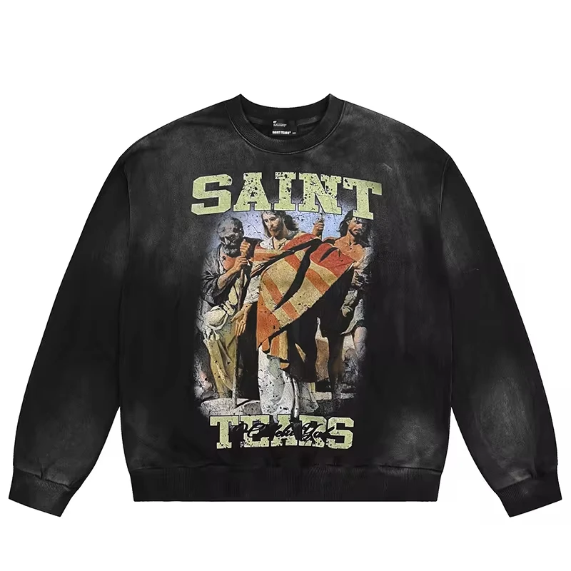 Washed Do Old Black Heavy Fabric Best Quality Oversize Sweatshirts 2024FW High Street Hip Hop SAINT TEARS Hoodies Men Woman