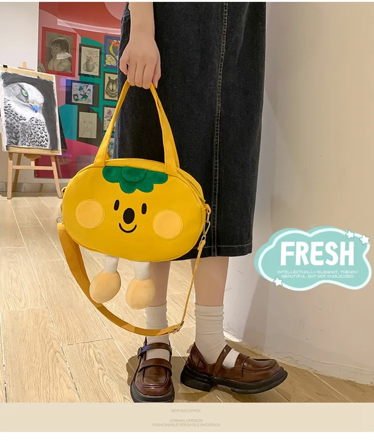 Kawaii Cartoon Canvas Women Crossbody Bag Large Capacity Shoulder Bag Tomato Mung Been Shape Big Tote New Cute Girl Shopping Bag