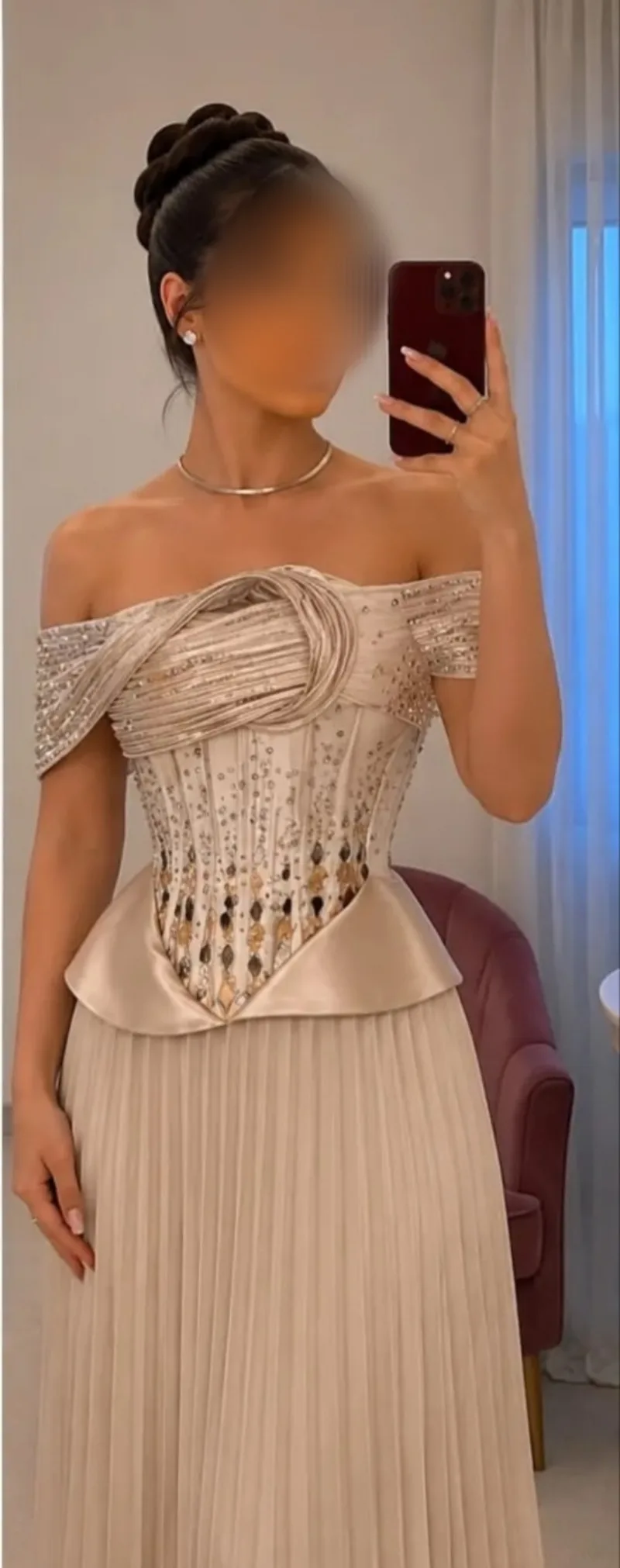 Customized Champagne Off Shoulder Beaded Corset Evening Gown Satin Peplum Pleated Maxi Dress | Custom Plus Size Available