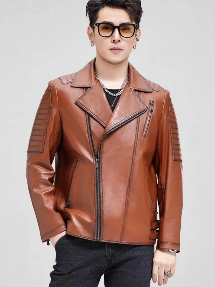 New Mens Genuine Leather Jacket Zipper Spring Autumn Punk Long Sleeve Slim Fit Turn-Down Collar Cowskin Motorcycle Short Coat