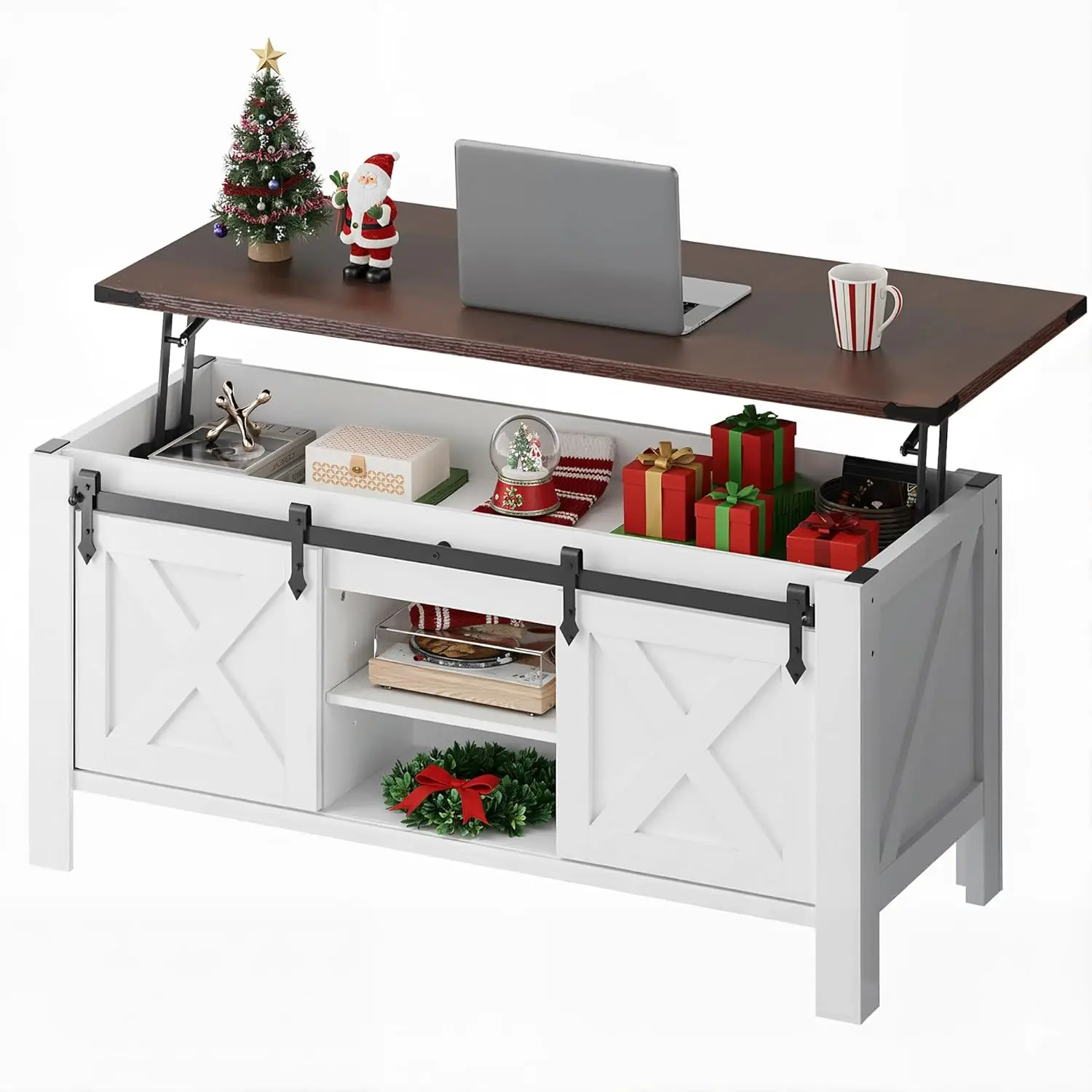 

47.3" Farmhouse Lift Top Coffee Table With Sliding Barn Doors, Large Hidden Storage Compartment And Adjustable