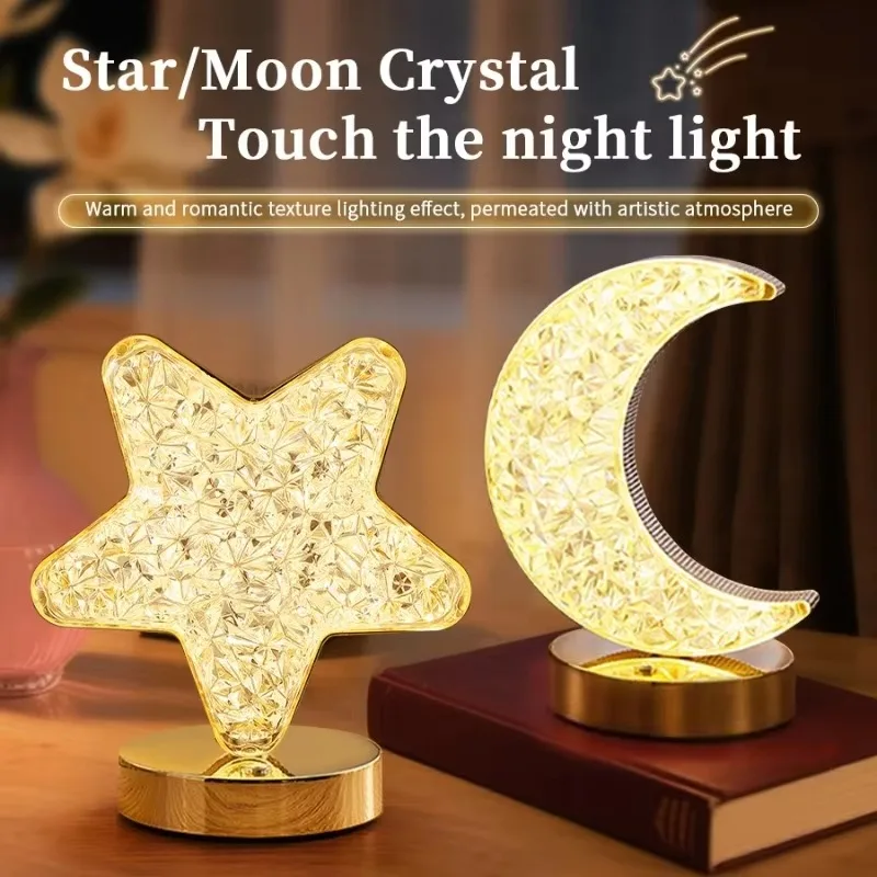 Diamond Crystal Moon Shape LED Night Lamp USB Charging Touch Control Bedside Table Ambient Light Bedroom Home Ornament