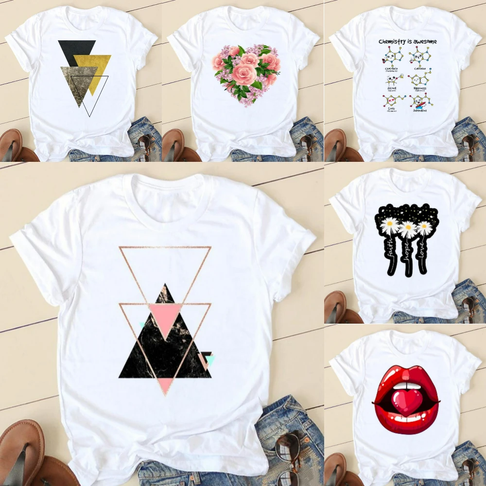 

Женская мода, акварельные геометрические цветы, трендовая повседневная женская одежда, футболки с короткими рукавами и графическим рисунком, женская футболка, одежда