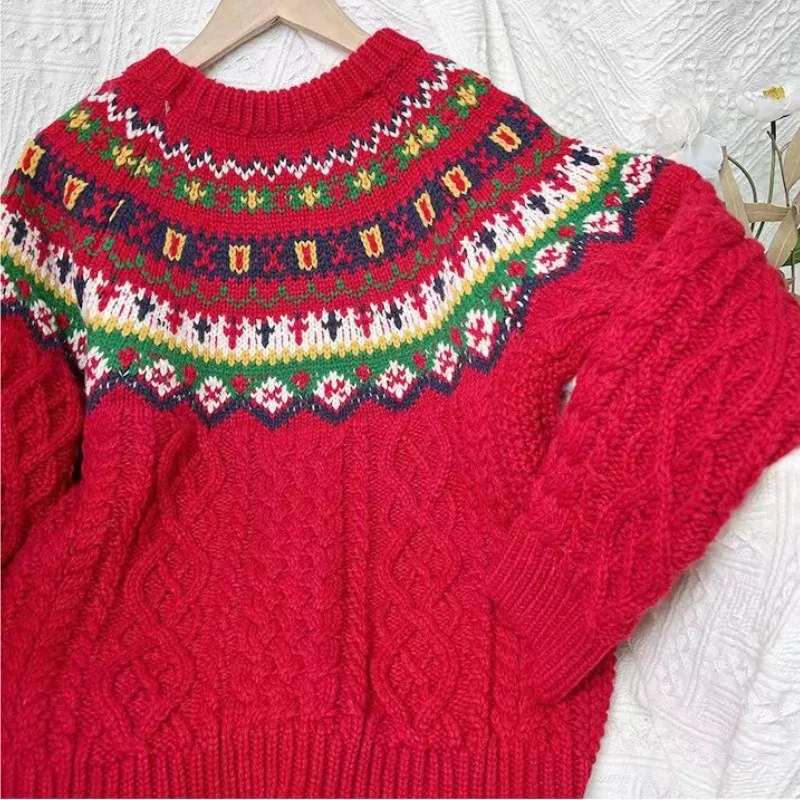 

Woman's Sweater Knit Print Argyle Pattern Ins O-Neck High Xmas Vintage Staight OL Bohemian Full Sleeve Casual Christmas Picnic