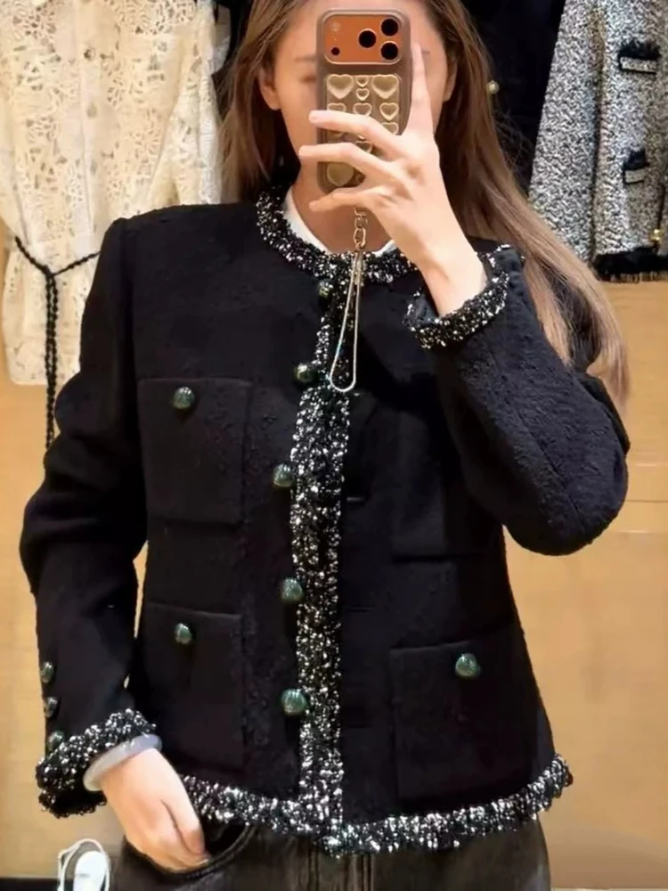 2026 High-end Light Luxury Style Black Coarse Tweed Jacket for Women with Round Neck and Socialite Temperament Slim Fit Jacket
