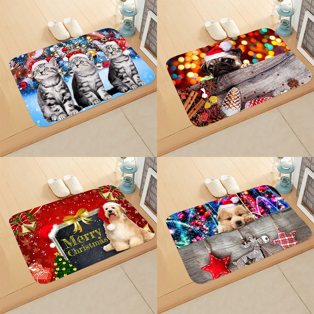 Merry Christmas Cute Dogs and Cats Welcome Home Anti-Slip Door Mat Carpet  Decoration Flannel Floor  