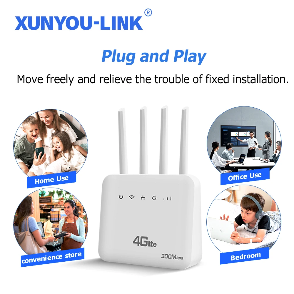XUNYOU-LINK 4G LTE WiFi Router WiFi 6 SIM Card Modem 300Mbps High Speed Support 32 Device Insert The Card Routers Mobile Hotspot