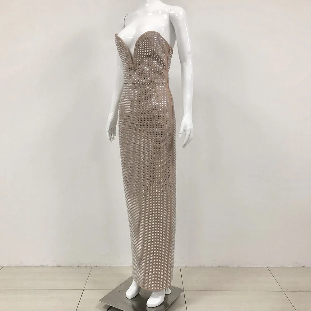 Women Sexy Strapless Backless Crystal Diamonds Beige Split Maxi Long Bodycon Gowns Dress 2024 Elegant Evening Club Party Outfit