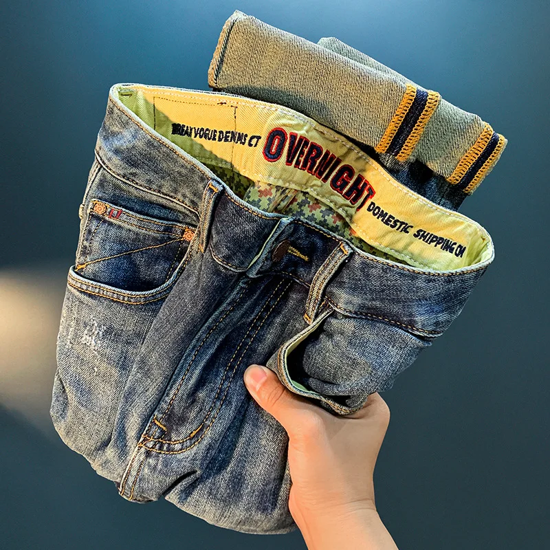 سراويل الرجال الكاجوال المتعثرة ، الجينز الفاخر ، سراويل الجينز الضيقة ، الجينز الخفيف ، موضة الشارع ، الخريف ، من نوع قديم