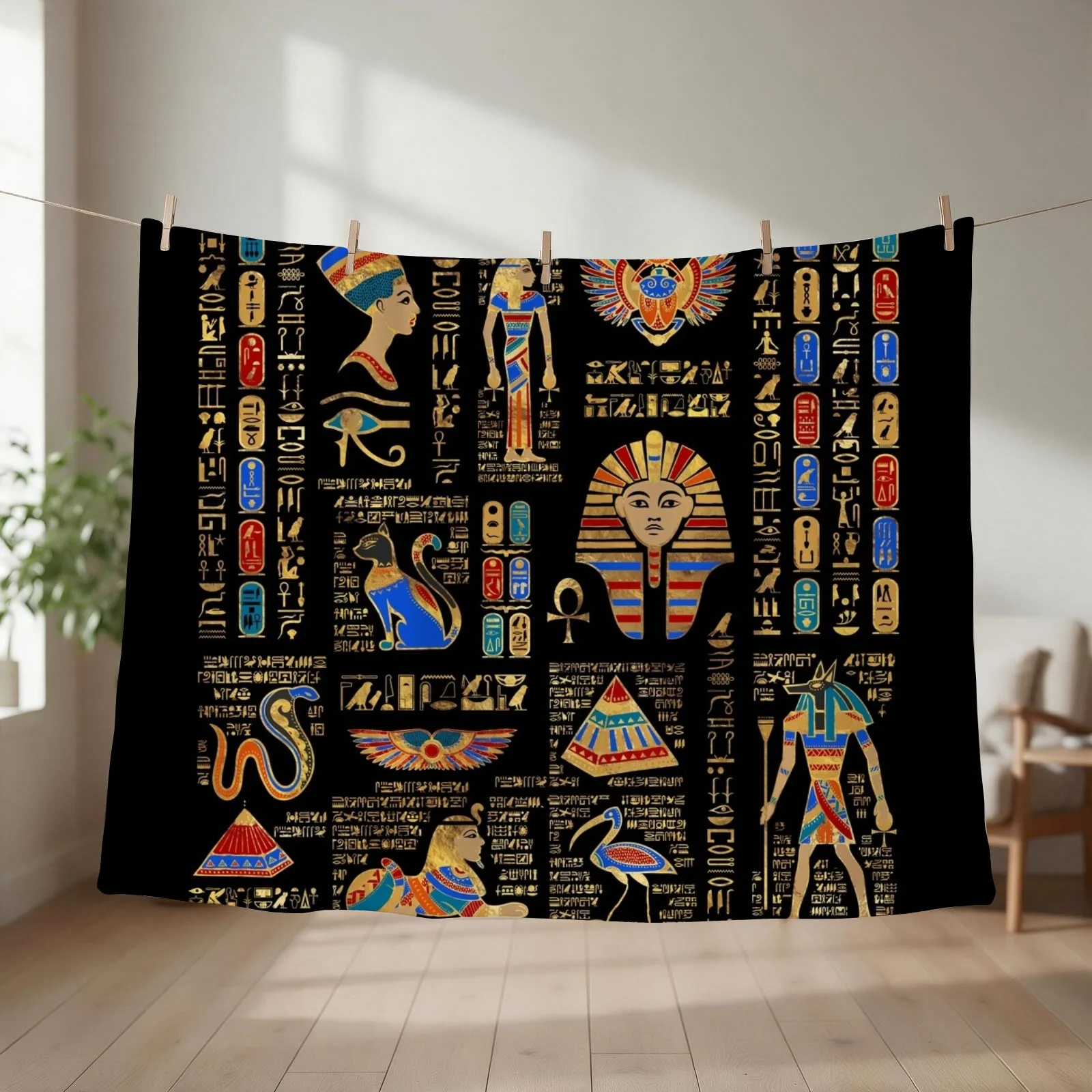 Egyptian hieroglyphs and deities on black Throw Blanket couch cozy soft plush fuzzy picnic outdoor blanket