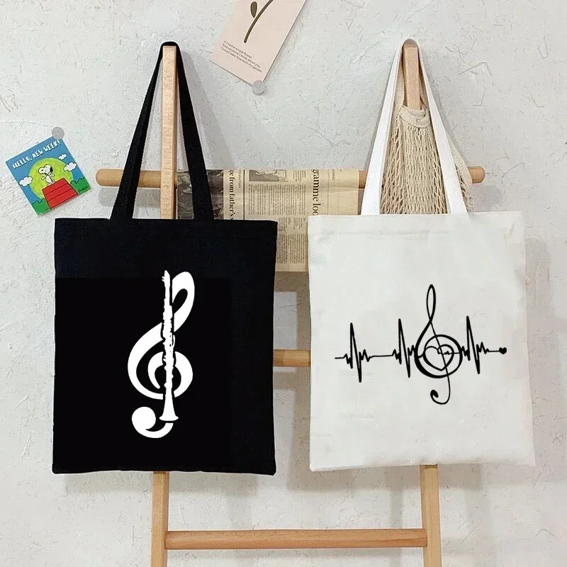 

Music Note Heartbeat Printed Canvas Bag Musical Note Graphics Art Bag Handbag Black Folding Bag Handheld Shopping Grocery Bag