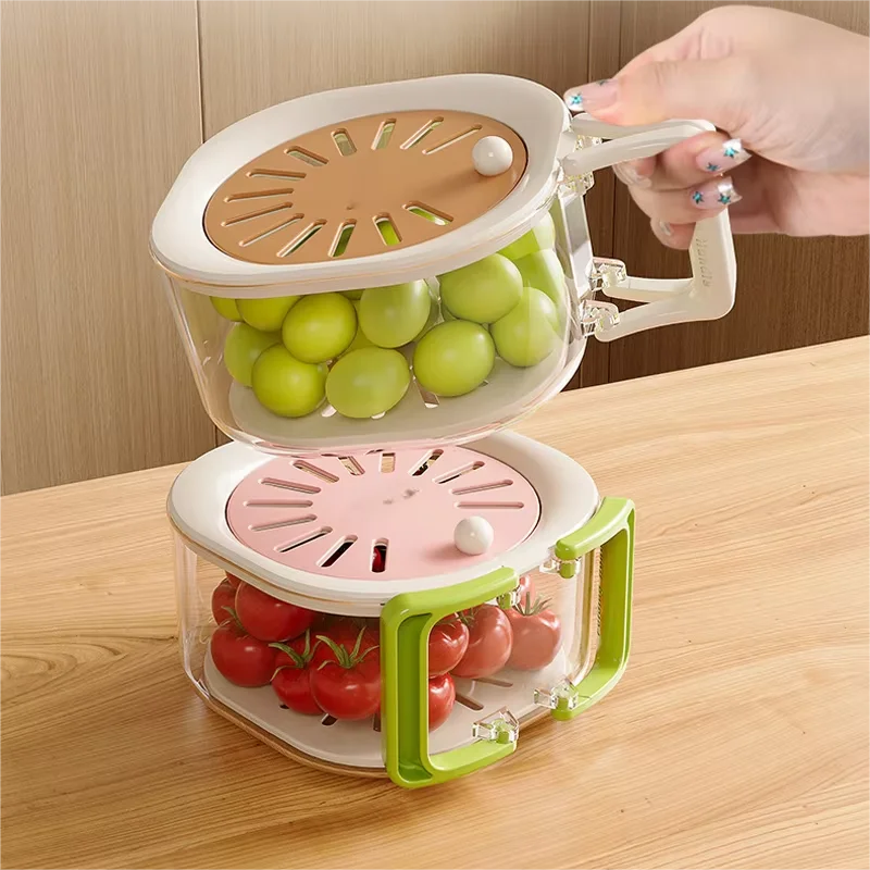 Fruit Drainer Basket - Hidden Folding Handle Dust-Proof Drain Switch 2-in-1 Double Layer Fruit & Vegetable Wash Basket