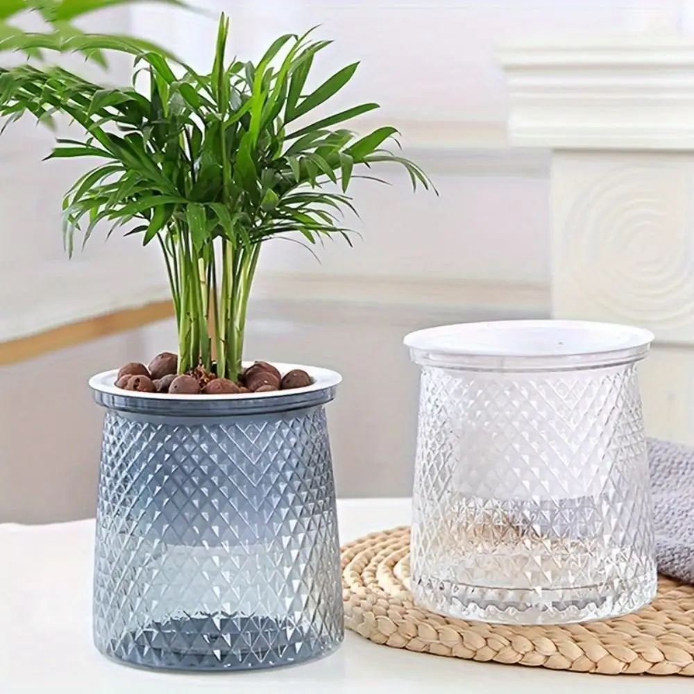 Plastic Self Watering Plant Pot Double-layer Transparent Flower Vase Round Automatic Lazy Potted