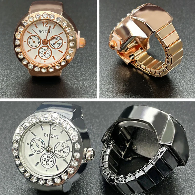 Rhinestone Numeral Dial Quartz Watch Rings for Women Men Couples Vintage Clock Mini Elastic Strap Watches Finger Ring Jewelry