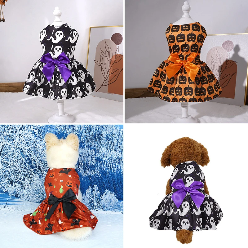 

New Funny Halloween Pet Dress With Pumpkin Ghost Print Dog Clothes Clothes Skirt For Small Medium Puppy Bow Mesh Party Clothing