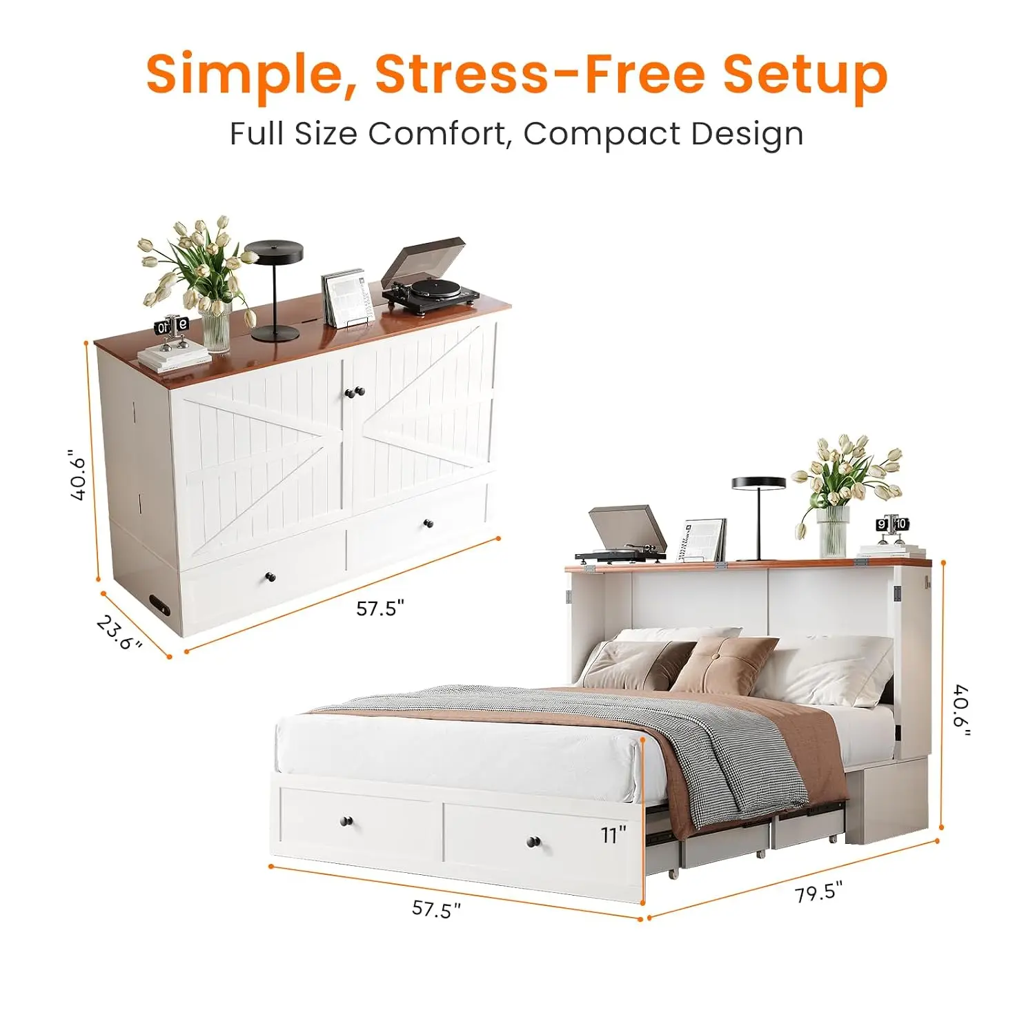 Wall Bed With Mattress Vertical Fold Bedroom Guest Room Striped White, Customized