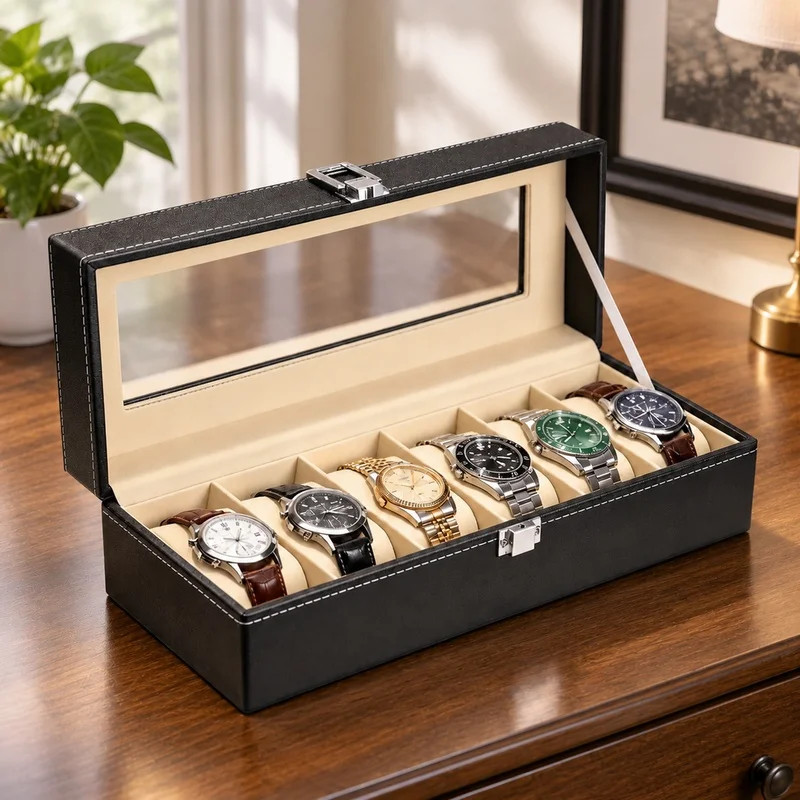 Men's PU Leather Watch Display Case with Glass Lid, Multi-Slot Organizer and Stand for Stylish Storage and Gift Giving