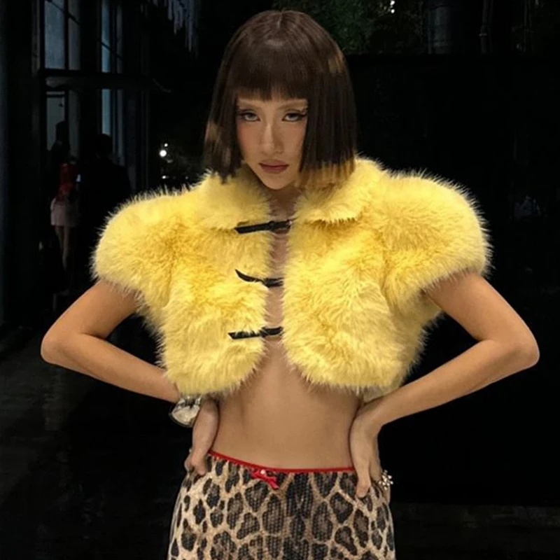Trendix Faux Fur Cropped Jacket Women 2026 New Hollow Out Sleeveless Cardigan Coat Party Sexy Club Lace Up Crop Top Hot Girls