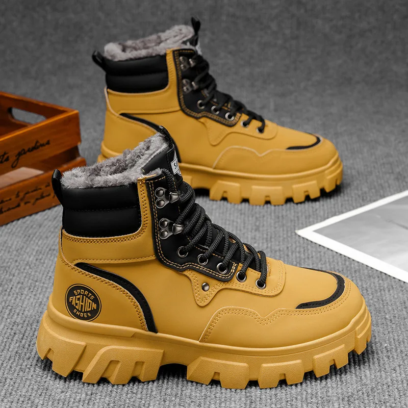2025 Men's Winter High-Top Casual Sports Shoes Fleece-Lined Warm Snow Boots Outdoor Leisure Teenagers Cotton Shoes Rubber Sole