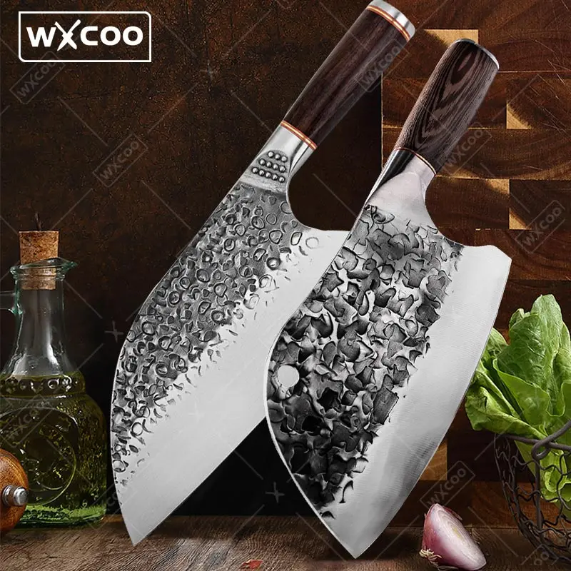 WXCOO Full Tang Forged Kitchen Butcher Knife Cleaver Meat Chef Knives Handmade Knife Stainless Steel Slicing Knife Wooden Handle