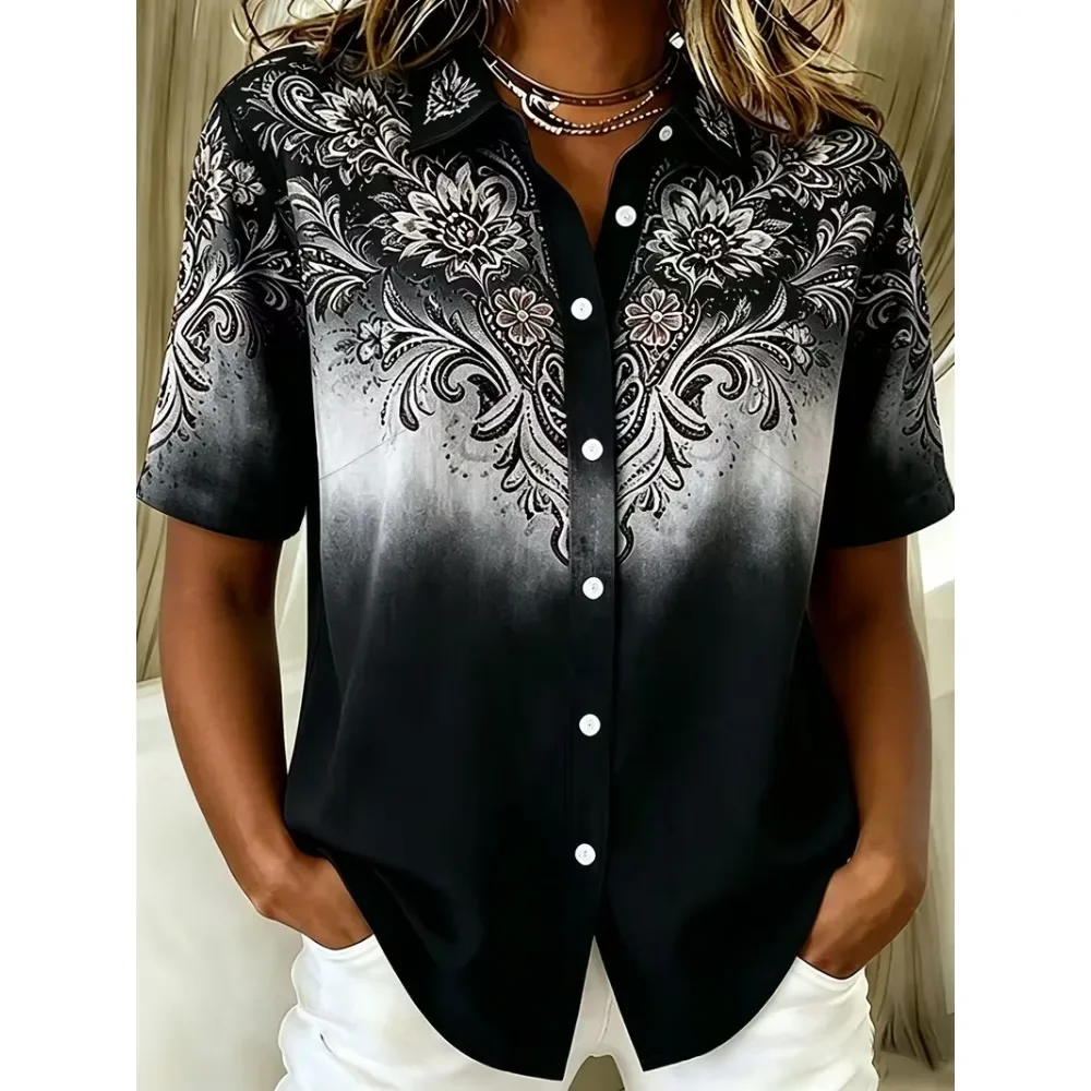 Women Floral Print Button Down Shirt Long Sleeve Ombre Gradient Loose Fit Casual Blouse Soft Breathable Flattering Spring Fall