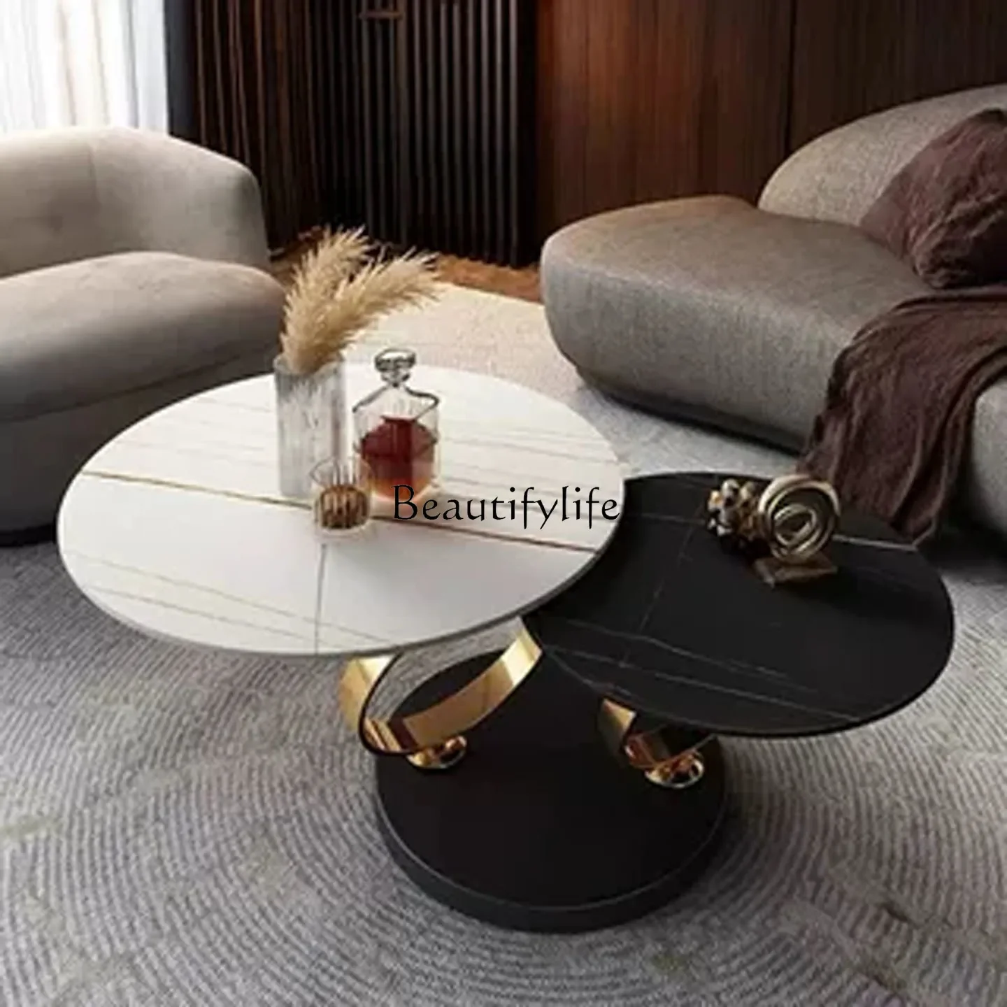 

FG17Italian Style Natural Stone Rotating Coffee Table Metal Designer Modern Living Room Home Telescopic Round Tea Table