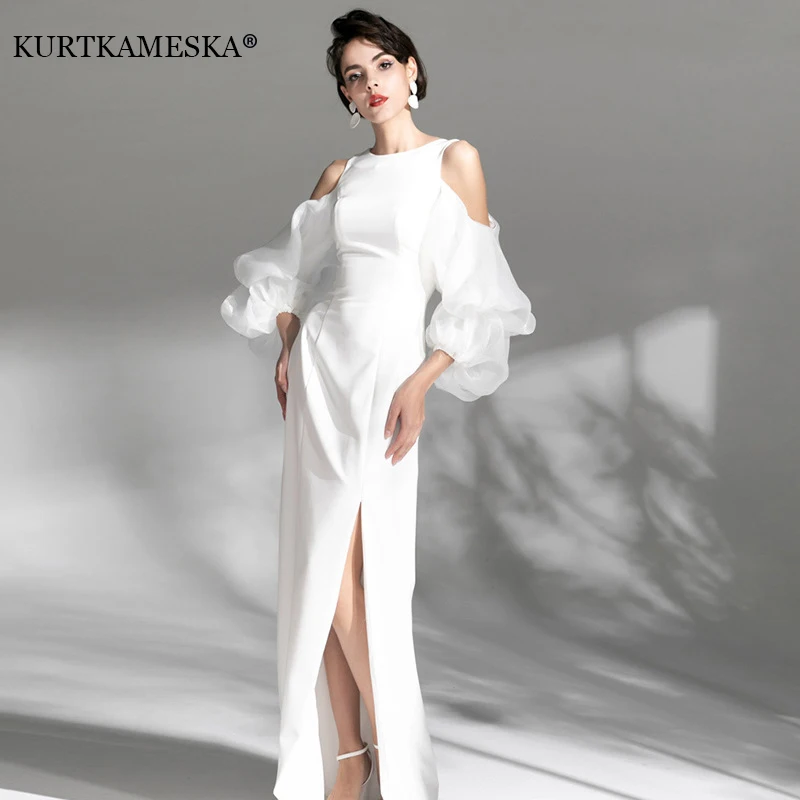 Banquet Evening Dress White Women Luxury Off Shoulder Puff Sleeve Wedding Dresses 2023 Elegant Sexy Slit Long Prom Party vestido