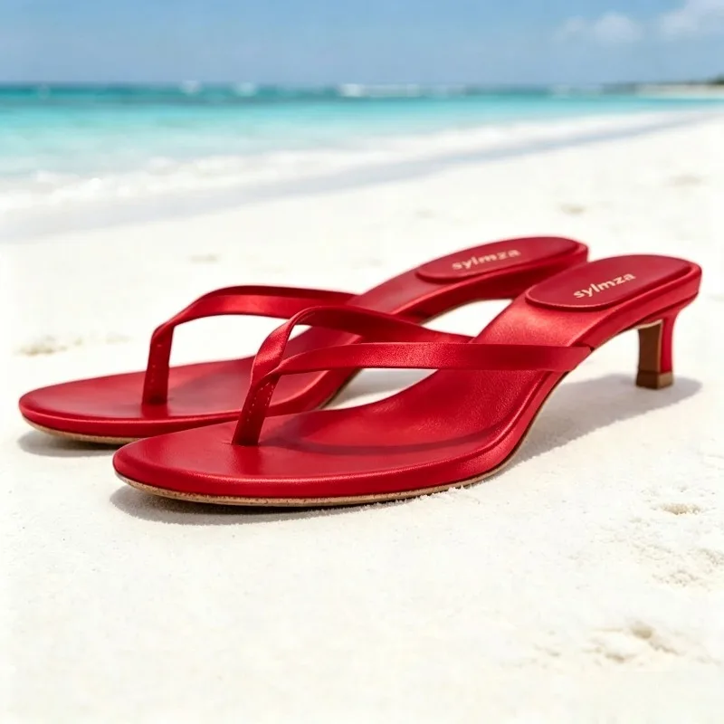 Fashion Red Silk Slippers Women Sexy Clip Toe Kitten Heel Design Slide Sandals Summer Vacation Beach Flip-Flops Zapatos De Mujer