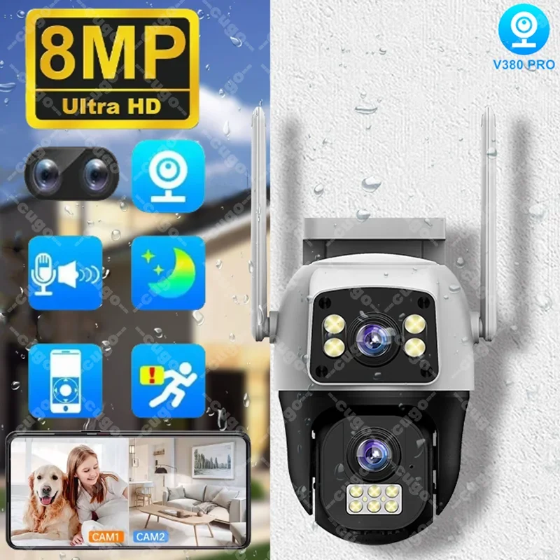 8MP Wifi Camera PTZ Outdoor Dual Screen AI Human Detection Dual Lenses 10MP Security Protection IP Camera Two-way Audio V380 Pro