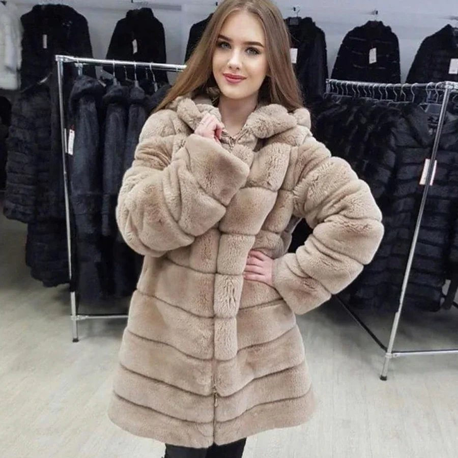 Rex Rabbit Fur Jacket Detachable Length Quality Overcoat Women Fashion Long Hooded Fur Coat