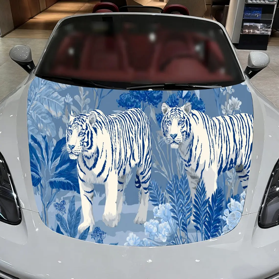 Car Decal Two White Tigers in Arctic-Tropical Themed Artwork & Artistic, Unique-Majestic Visual Details Car Hood Sticker, Waterp
