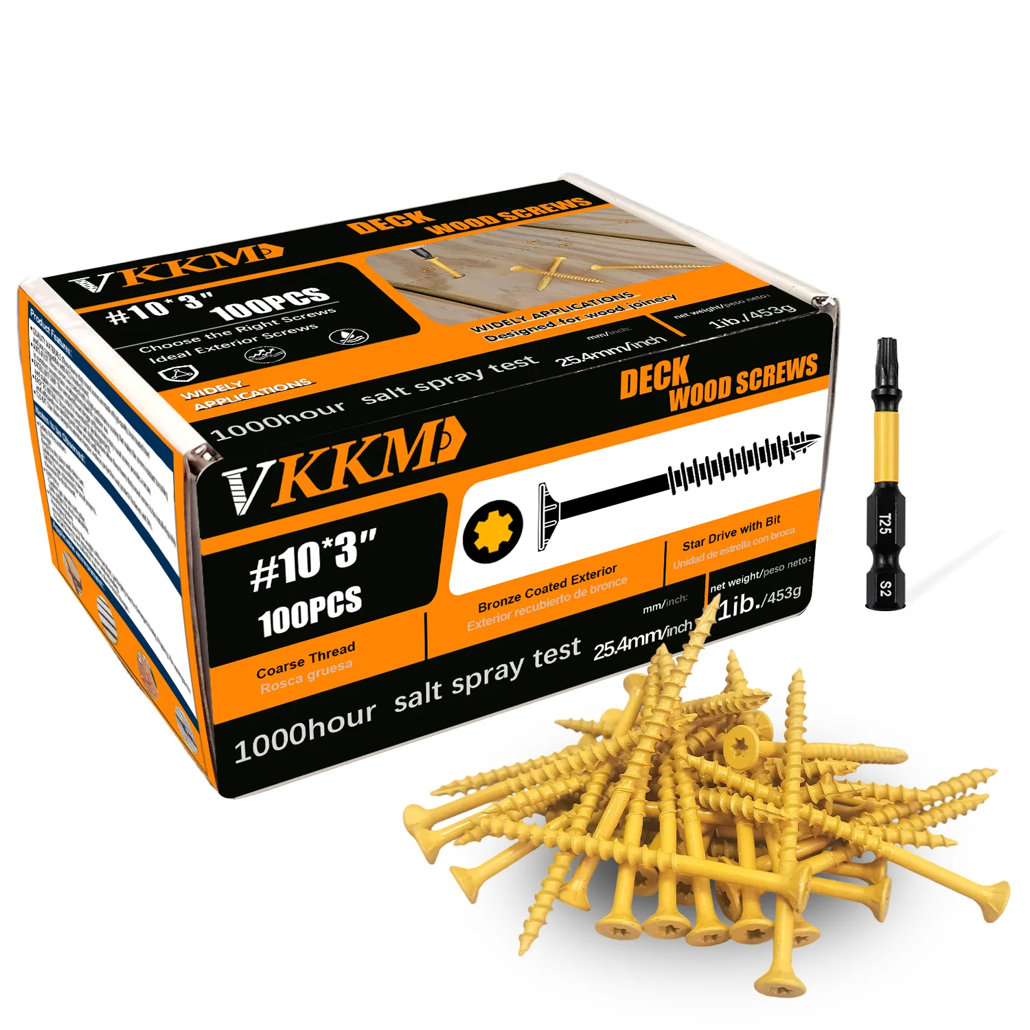 

VKKM Deck Screws 3 inch, Wood Screws #10 x 3",100PCS, Rust Resistant Tan Epoxy Coated, T25 Torx Drive, T25 Bit Inclouded