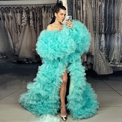 Luxury Blue Full Ruffles Tulle Dresses Long Jacket Tiered Lush Mesh Overlay Coat Women Kimino Robes Photoshoot Gown Custom Made