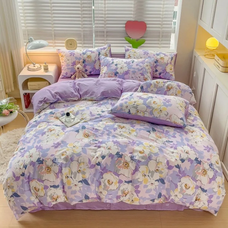 

Multiple Size 100% Cotton Duvet Cover and Pillowcases Set for Bedroom Decoration Purple Flower Printed Plaid Duvet Cover Sets