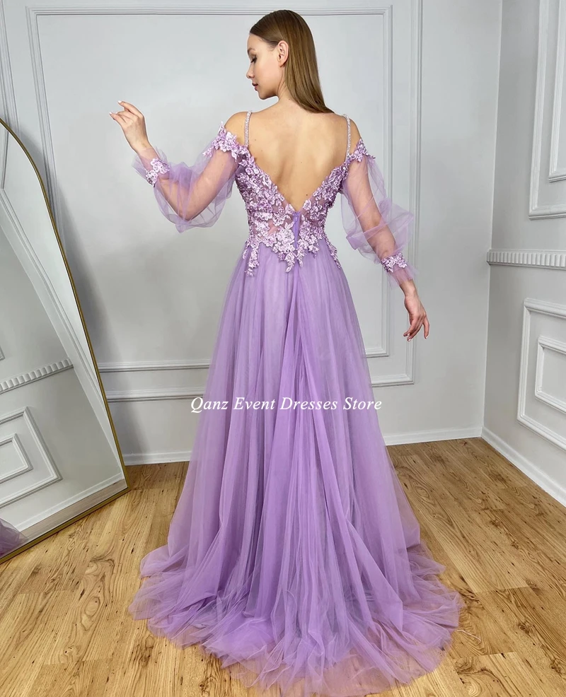 Qanz Tulle A-line Prom Dresses Charming Appliques Elegant Evening Dresses For Women Vestidos De Fiesta Elegantes Para Mujer 2023