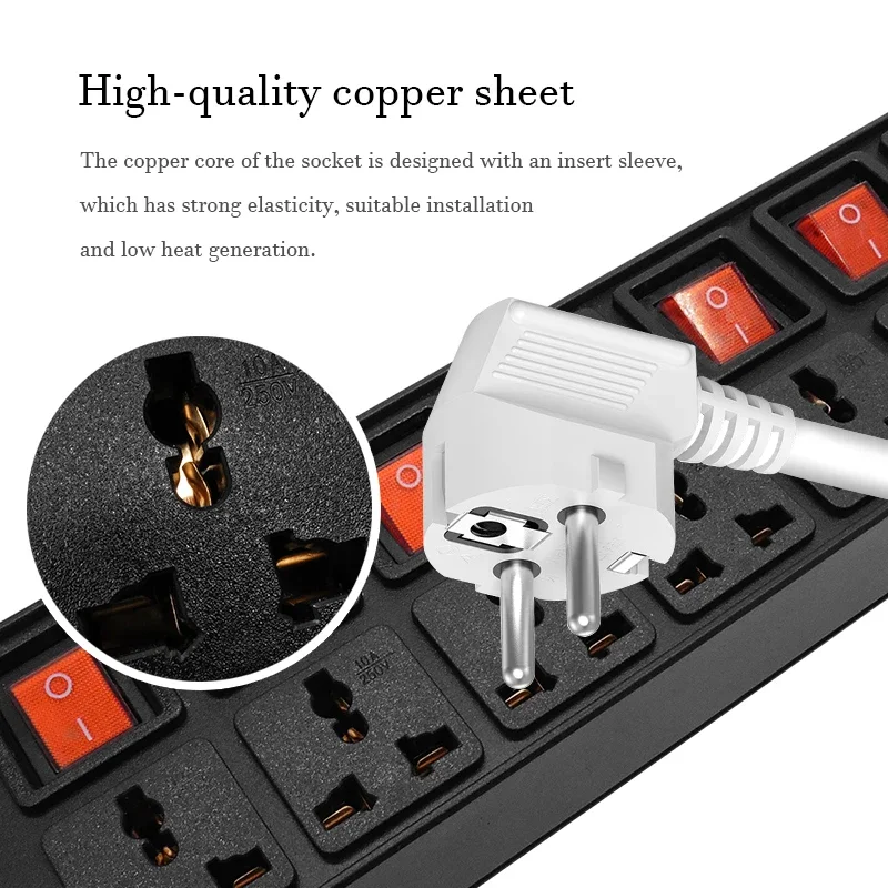 Imagem -02 - Power Strip Rede Armário Liga de Alumínio Independente Double Break Switch Soquete 10ac 10a Universal 2m Cabo de Extensão