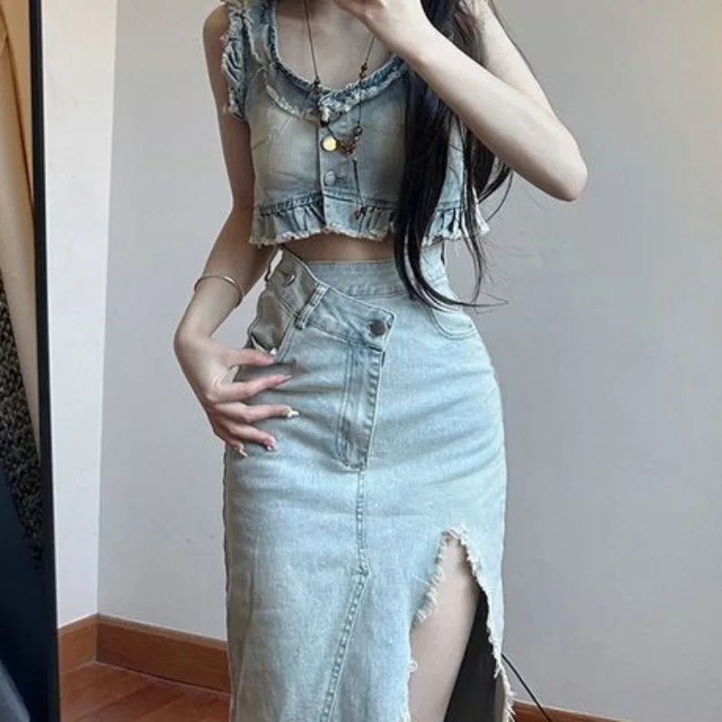 Denim Dress Sets for Women Summer Fashion Sleeveless V-neck Single Breasted Design Washed Retro Korean Style Students High Waist