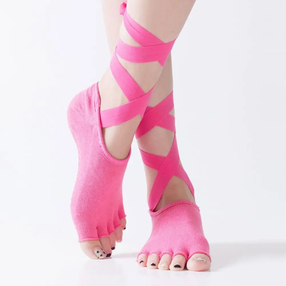 Dance Socks Lace-up Five Fingers Socks Cotton Anti-Slip Pilates Socks Women Fitness Dot Glue Toe Yoga Socks Barefoot Workout