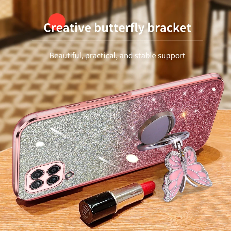 A12 Cover For Samsung Galaxy A12 M12 F12 Gradient Glitter Butterfly Bling Folding Stand Plating Back Case Cover Samsung A12 A 12