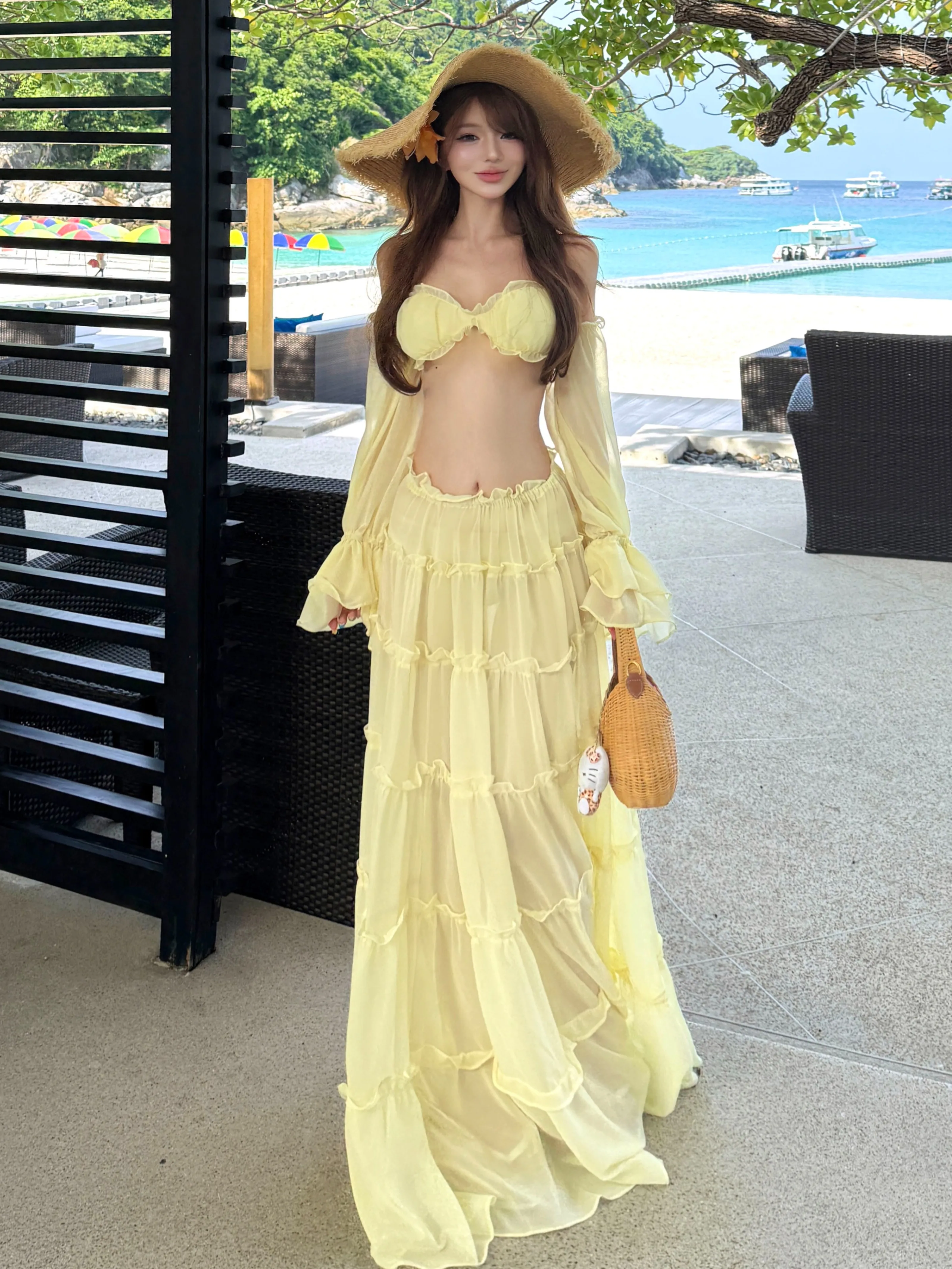 

Beach Vacation Pure Desire Yellow Half-length Skirt Set Women's Fashion Short Sleeve One-shoulder Top High-waist Midi Dress