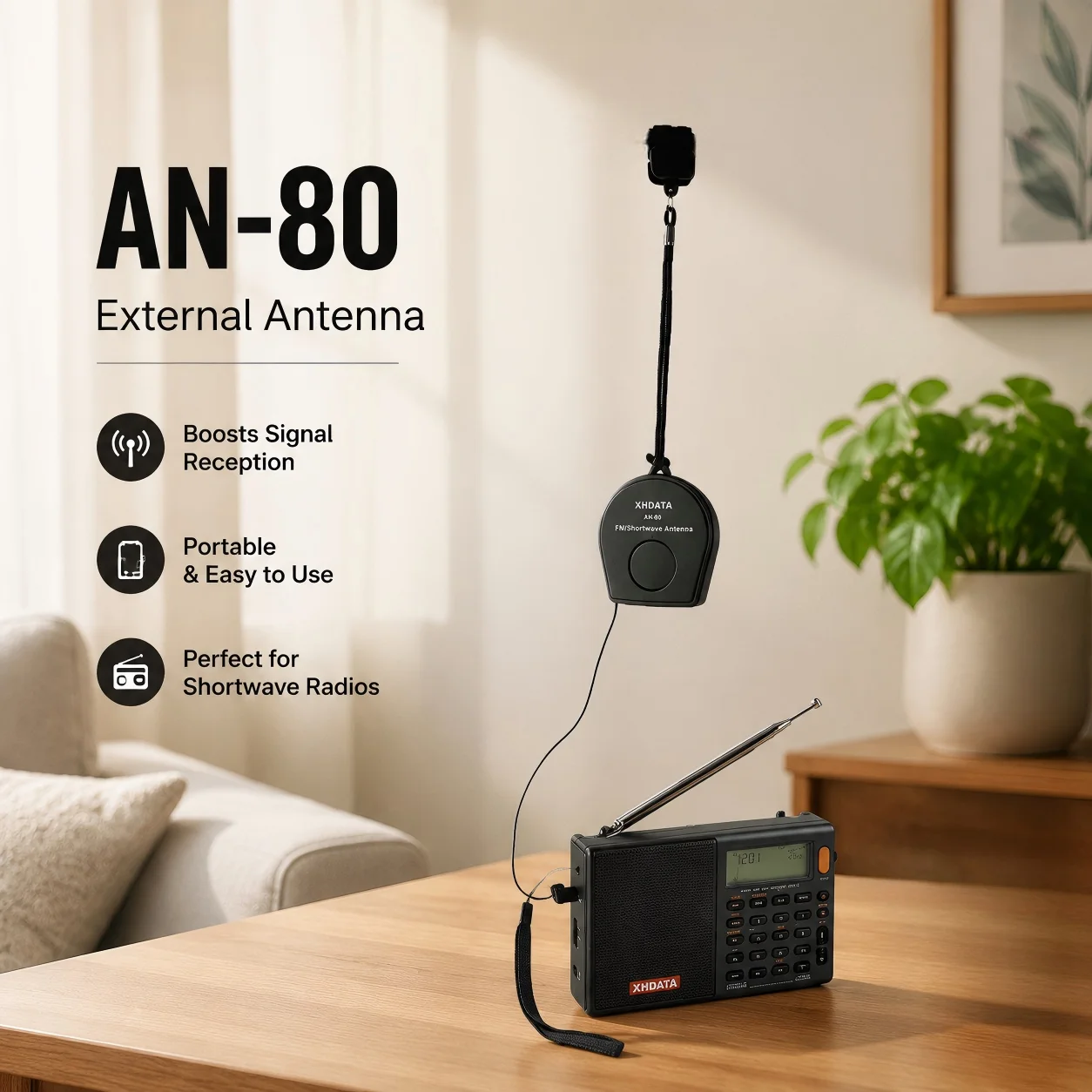 XHDATA AN80 Universelle externe Antenne für Tecsun und andere Radios. Tragbarer Signalverstärker verbessert die FM-SW-Hörqualität – Detail 1