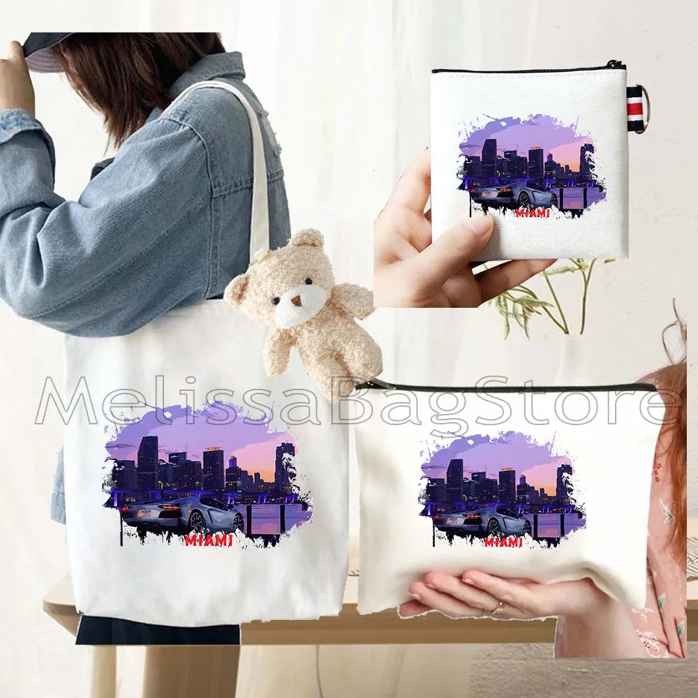 4PCS Gifts Set Miami Florida White Canvas Tote Bag Handbag with Doll Key Coin Purse Cosmetic Makeup Toilet Bag Case Pouch