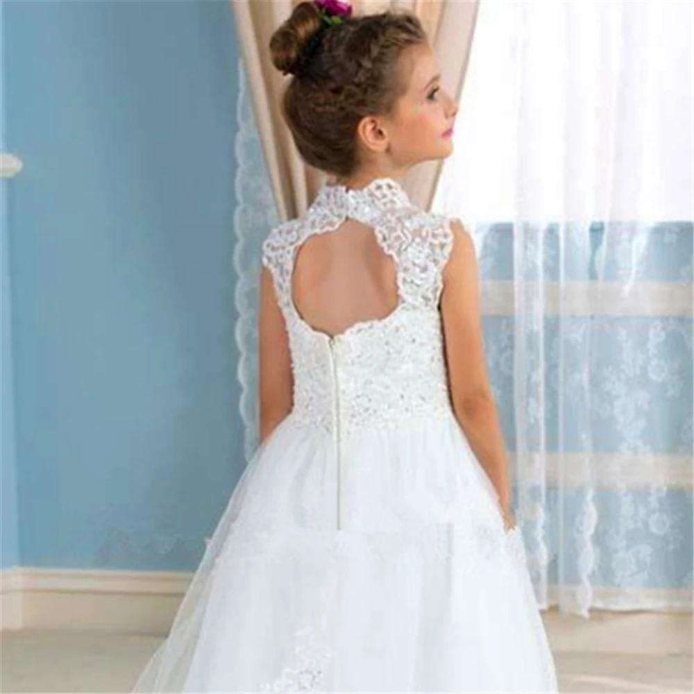 Branco elegante primeira comunhão vestidos sem mangas tule renda impressão sem costas vestido da menina de flor princesa bola crianças presente aniversário