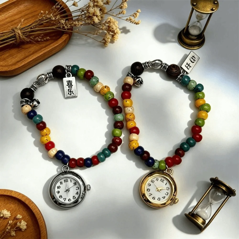 Fashion Beaded Bracelet Watch with Pendant Handmade Chain Watch Quartz Watch for Women Girls